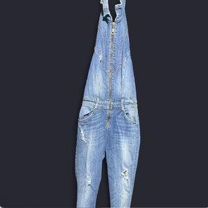 Guess Light Blue Distressed Denim Overalls with Front Zip